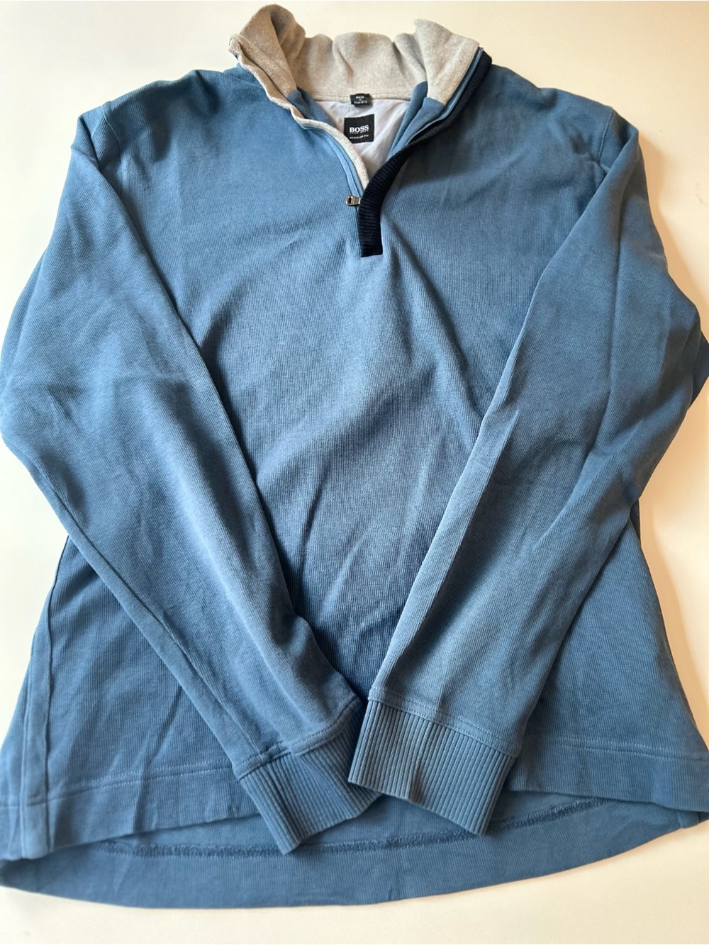 Boss Men’s Light Blue Quarter-Zip Sweater with Cream Inner Collar
